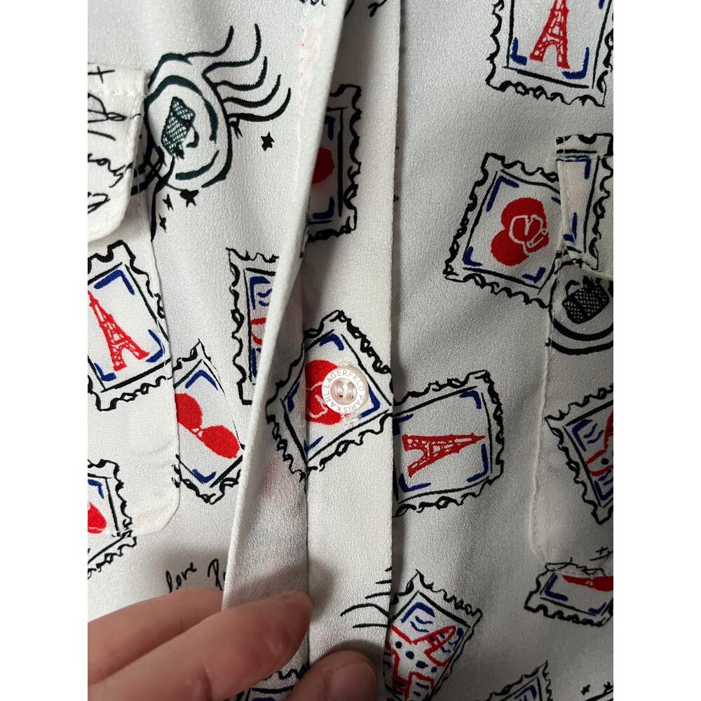 Karl Lagerfeld Paris Blouse / Women US M Medium / Button Up White Paris Stamp - Picture 3 of 11